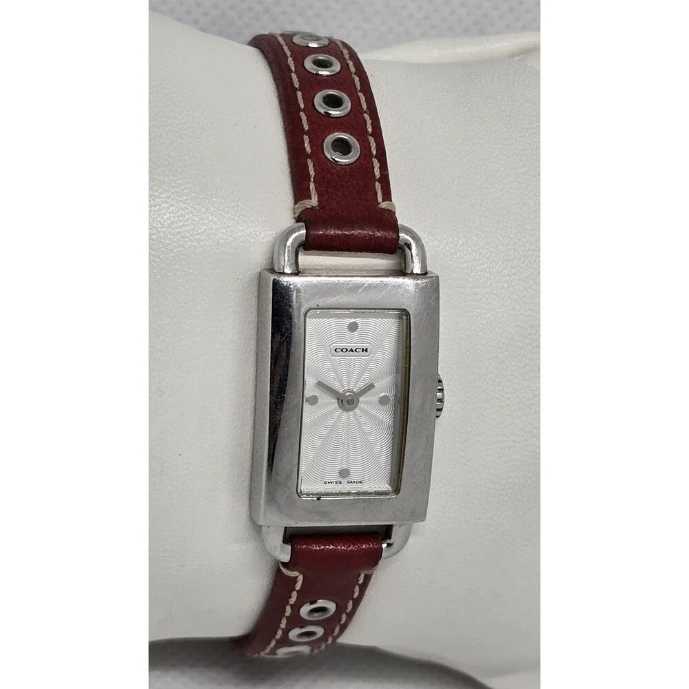 Women's Coach Petite Tank Silver Tone Red Leather Strap Watch 0219 14 - Picture 3 of 9